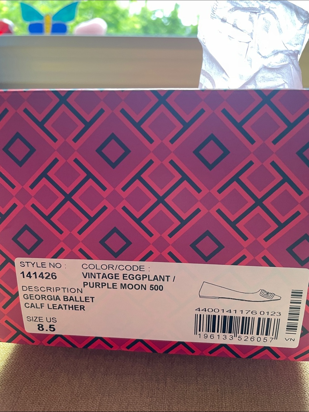 Tory Burch Eggplant Purple Leather Logo Square-Toe Ballet Flat - Picture 2 of 3
